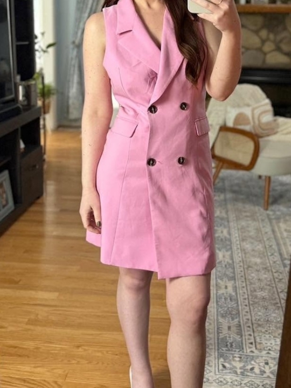 Sleeveless Pink Double-Breasted Midi Dress